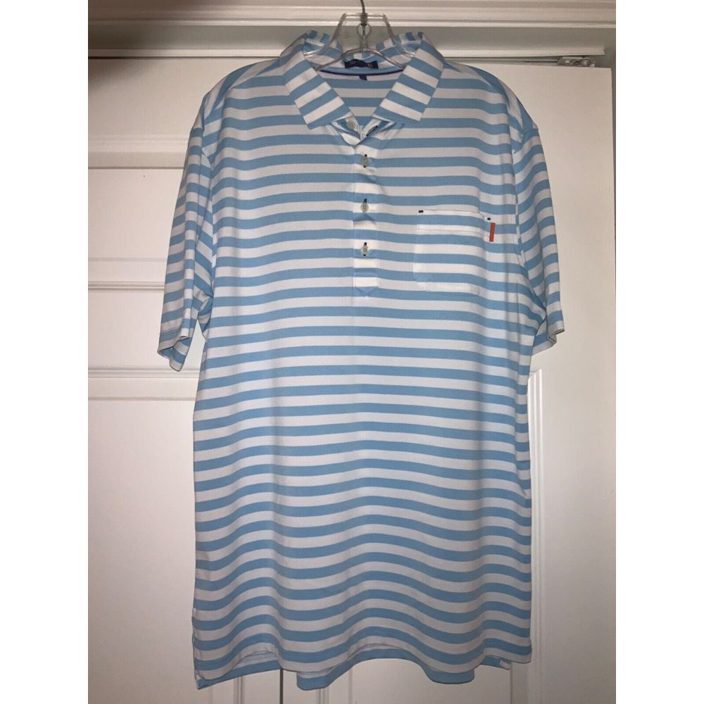 STITCH Men's L Golf‎ Polo blue/white striped stretch active pocket logo